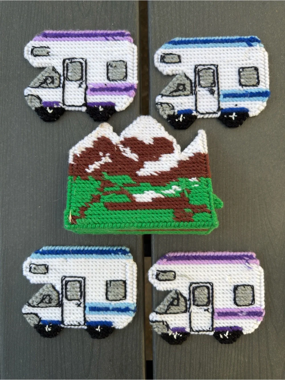 Cross-Stitch Camper & Mountain Coaster Set - Green, Blue, Purple